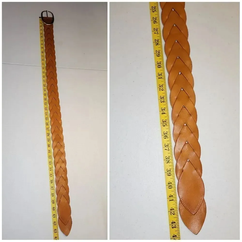 Miss Me Braided Woven Orangey Tan Leather Belt with Large Gold Toned Oval Buckle